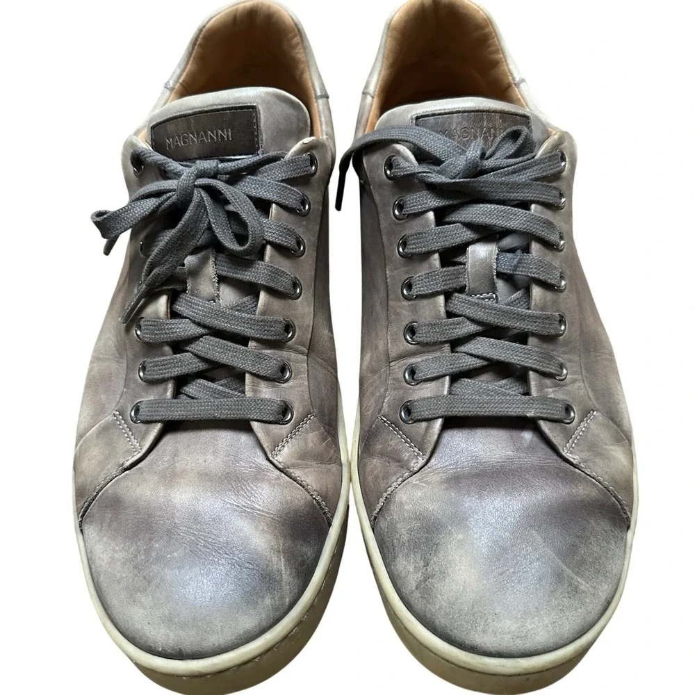 Magnanni Mens Grey Burnished Leather Low Top Sneakers Size 9.5 Luxury Minimalist